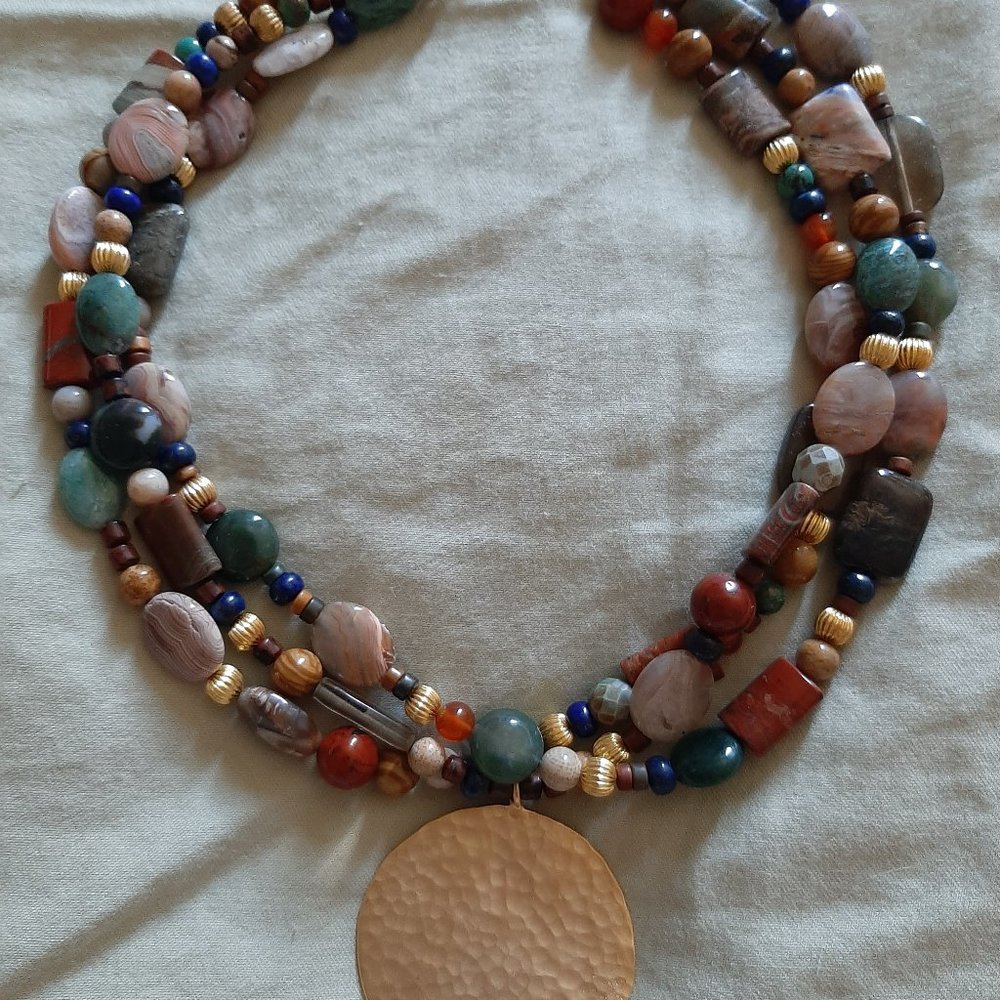 Multicolor Beaded Statement Necklace with Gold Pendant